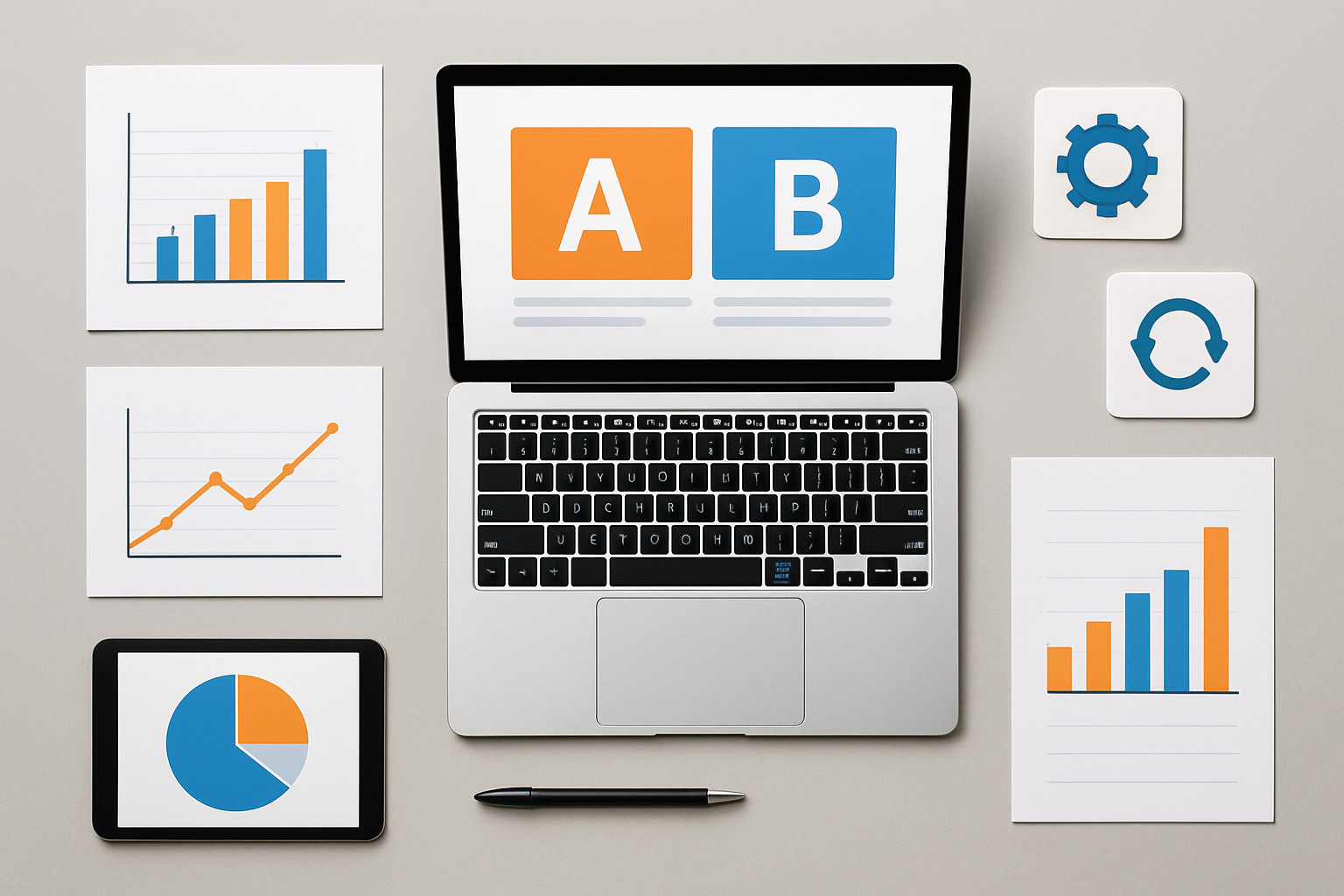 Ilustracja przedstawiająca automatyczne A/B testowanie landing page'y na monitorze komputera – ilustracja artykułu