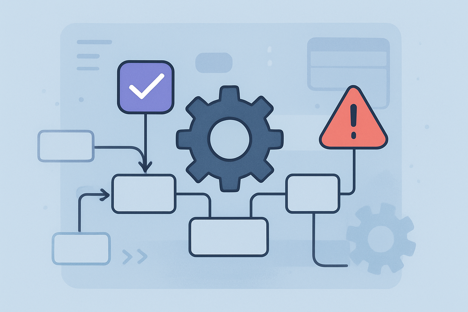 Wyświetlacz komputera z interfejsem Make i graficzną prezentacją automatyzacji i obsługi błędów – ilustracja artykułu