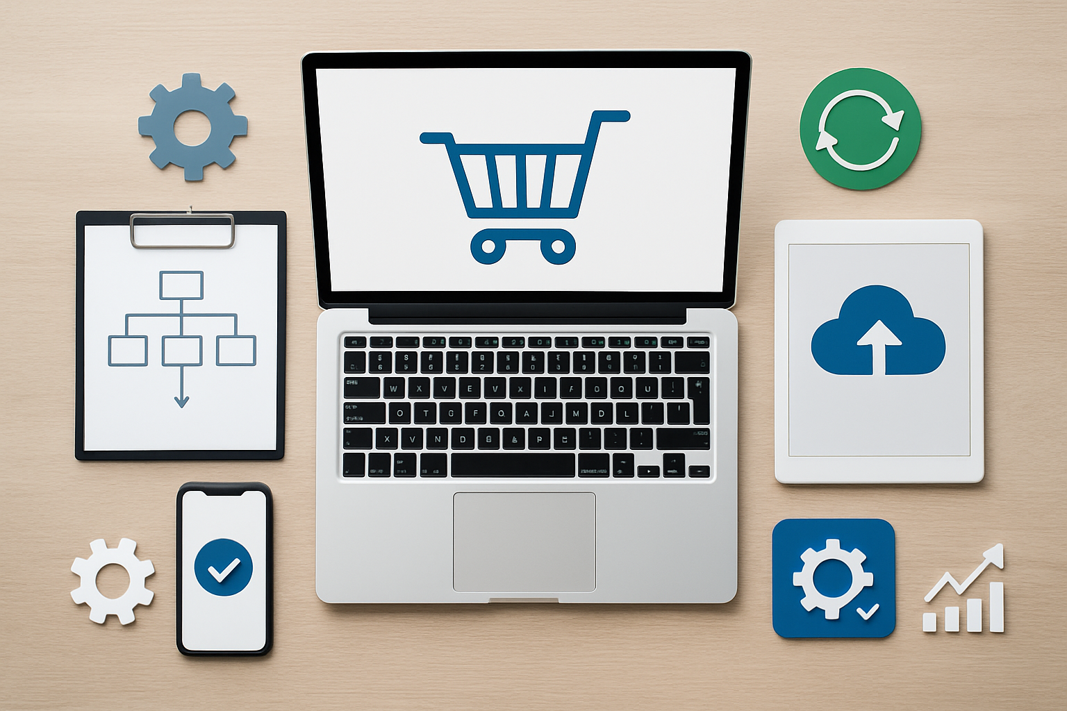 Ilustracja automatyzacji sklepu internetowego z ikonami emaili, koszyków i powiadomień – ilustracja artykułu