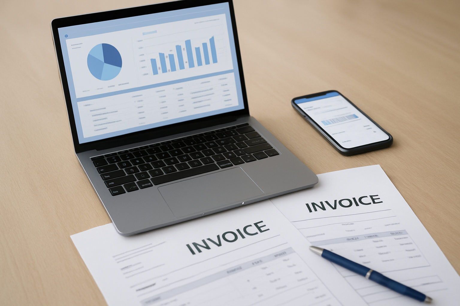 Grafika przedstawiająca automatyczne fakturowanie i integracje finansowe w nowoczesnym biurze – ilustracja artykułu