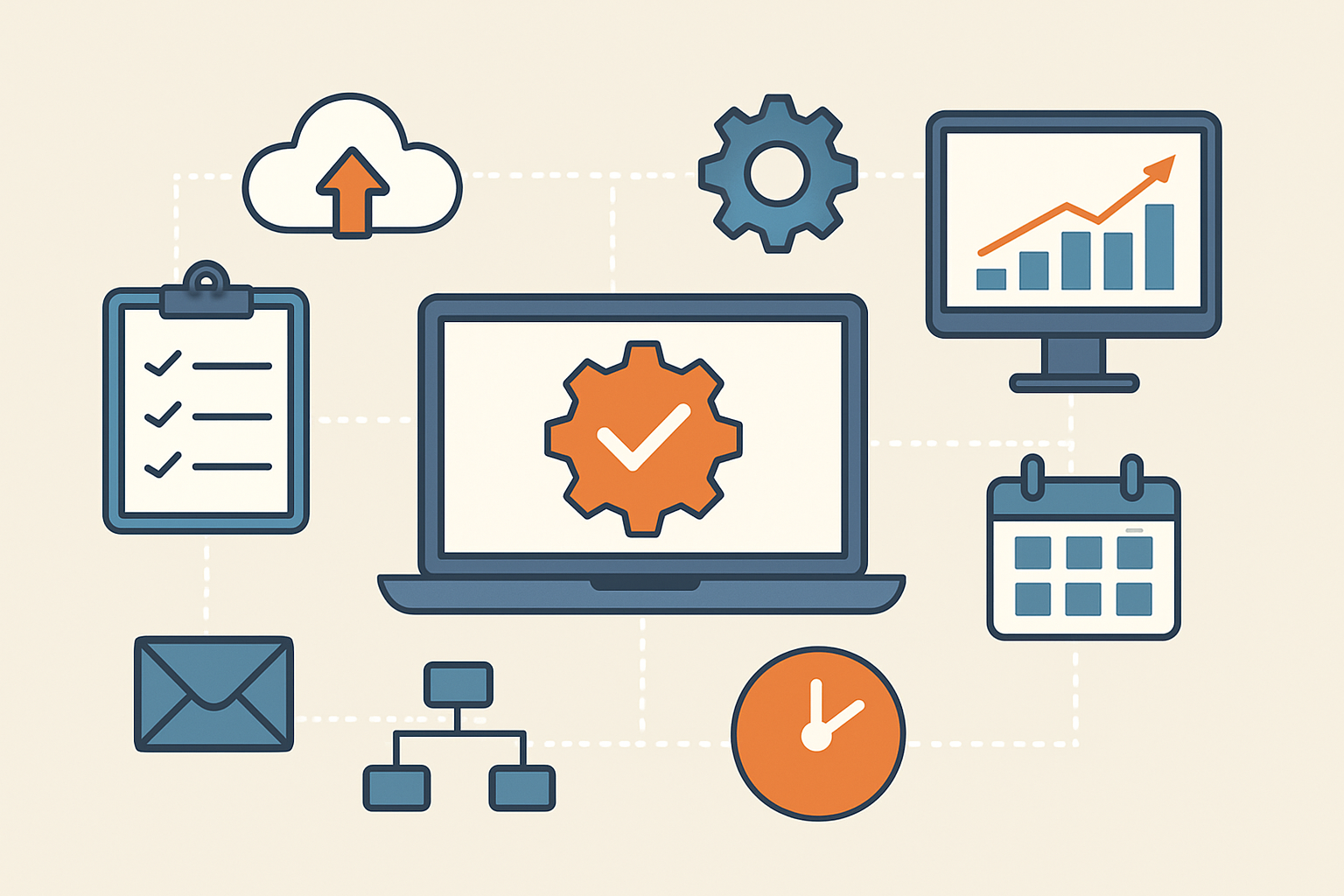 Ikony automatyzacji procesów biznesowych reprezentujące ułatwienia dla przedsiębiorców i freelancerów – ilustracja artykułu