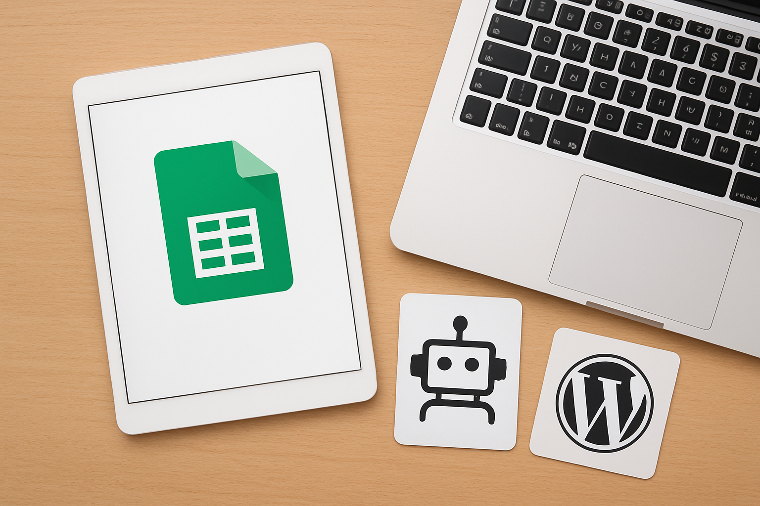 Ilustracja automatyzacji publikacji wpisów blogowych łącząca Google Sheets, GPT i WordPress – ilustracja artykułu