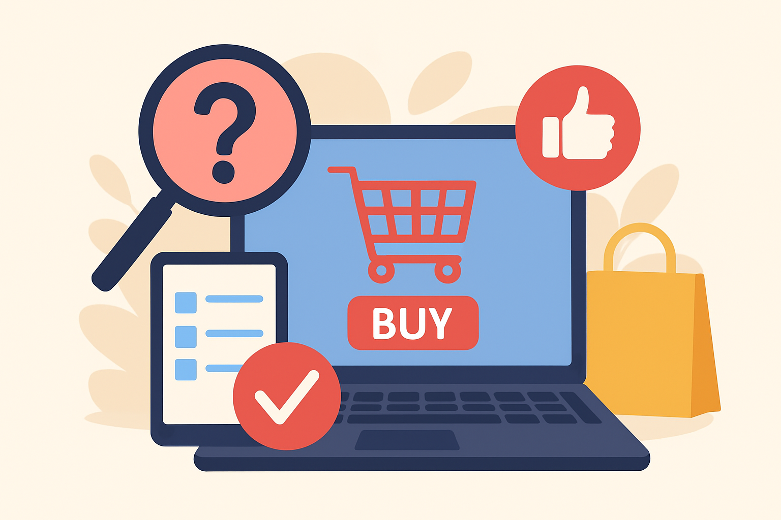 Ilustracja pokazująca psychologię zakupów online na różnych urządzeniach z elementami graficznymi obrazującymi decyzje zakupowe – ilustracja artykułu