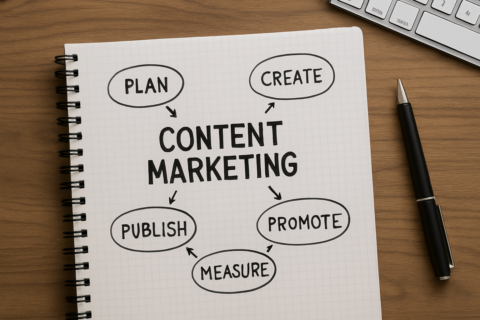 Zespół planujący długoterminową strategię content marketingu w biurze – ilustracja artykułu