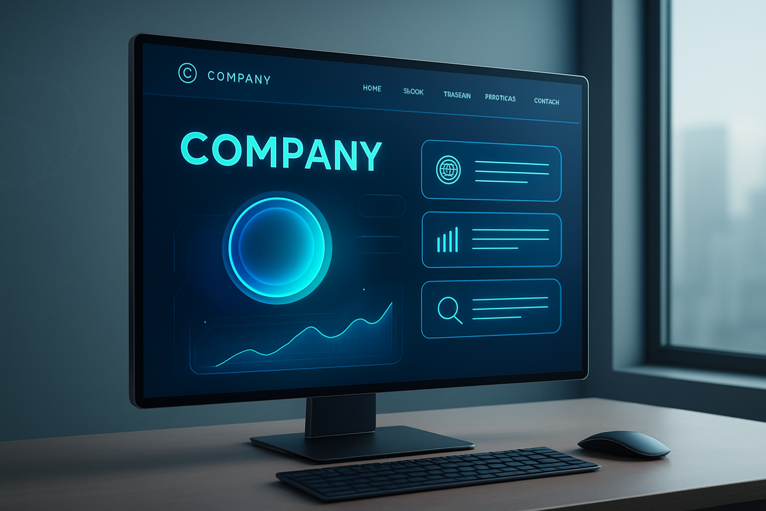 Nowoczesna strona firmowa w przyszłości z technologicznym designem i analizą danych – ilustracja artykułu