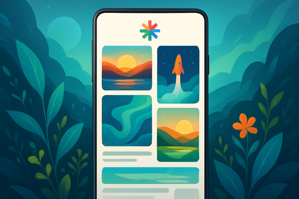 Widok na interfejs Google Discover na smartfonie pokazujący atrakcyjne, kolorowe artykuły i multimedia