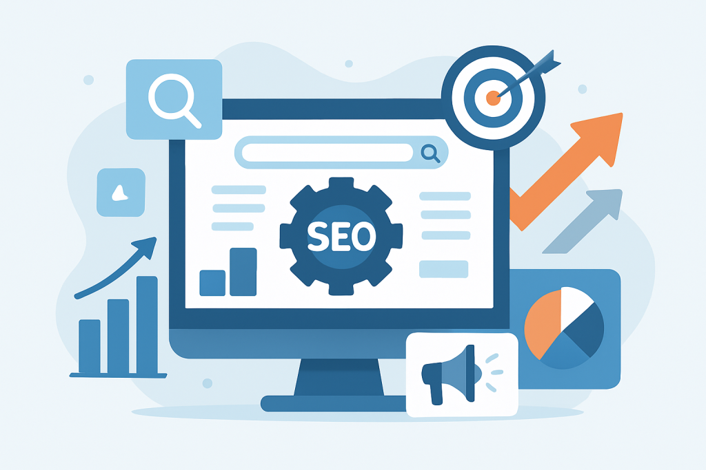 Ilustracja optymalizacji SEO dla stron usługowych z ikonami marketingu i wykresami