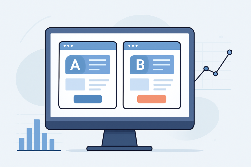 Ilustracja przedstawiająca automatyczne A/B testowanie landing page'y na monitorze komputera