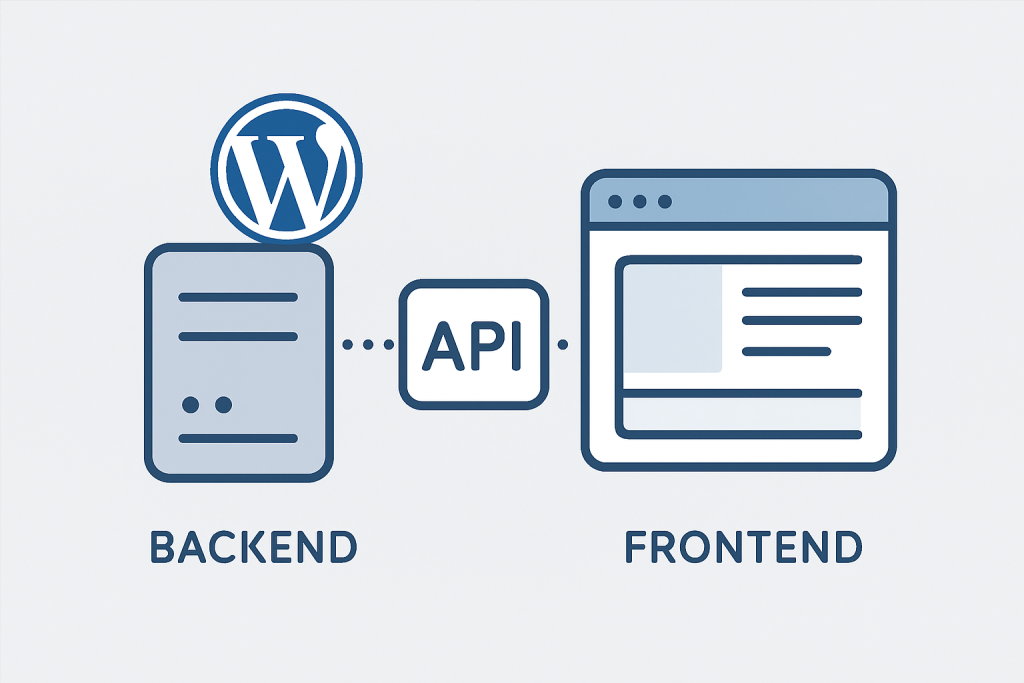 Ilustracja przedstawiająca podział backendu i frontendu w headless WordPress
