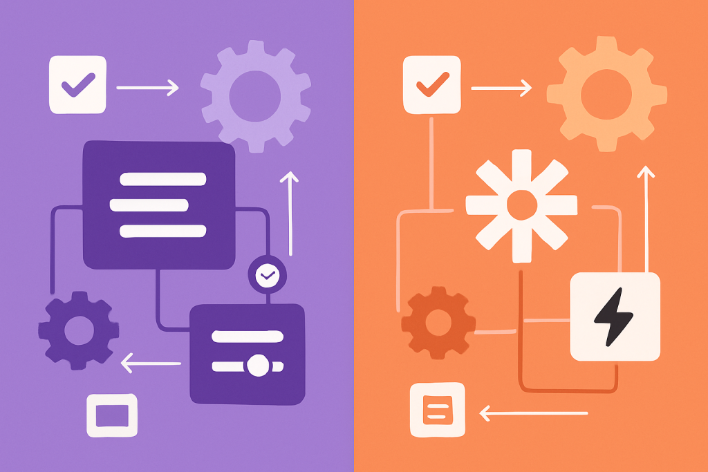 Ilustracja przedstawiająca porównanie narzędzi automatyzacji Make i Zapier