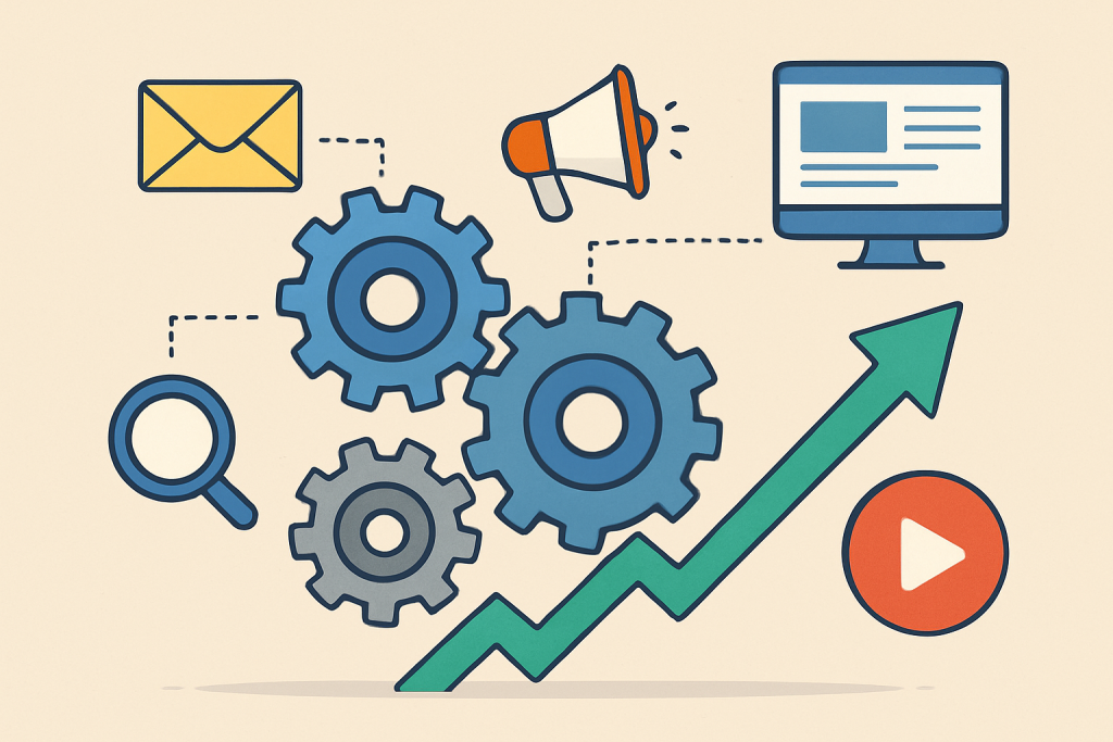 Ilustracja przedstawiająca skalowanie biznesu przez automatyzację procesów i marketing cyfrowy