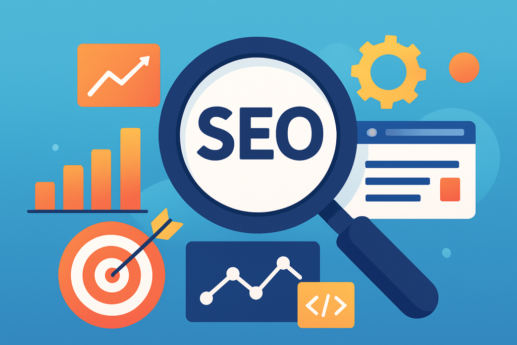 Ilustracja przedstawiająca lupę skupiającą się na słowach kluczowych w kontekście optymalizacji SEO