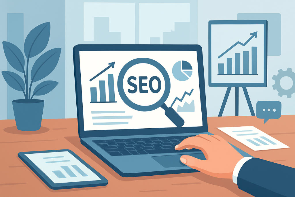 Ilustracja przedstawiająca profesjonalistę biznesowego pracującego nad optymalizacją SEO w biurze B2B