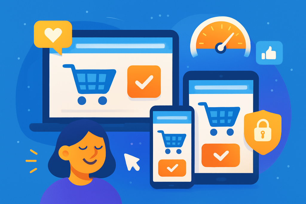 Ilustracja ilustrująca kluczowe elementy UX zwiększające sprzedaż w e-commerce