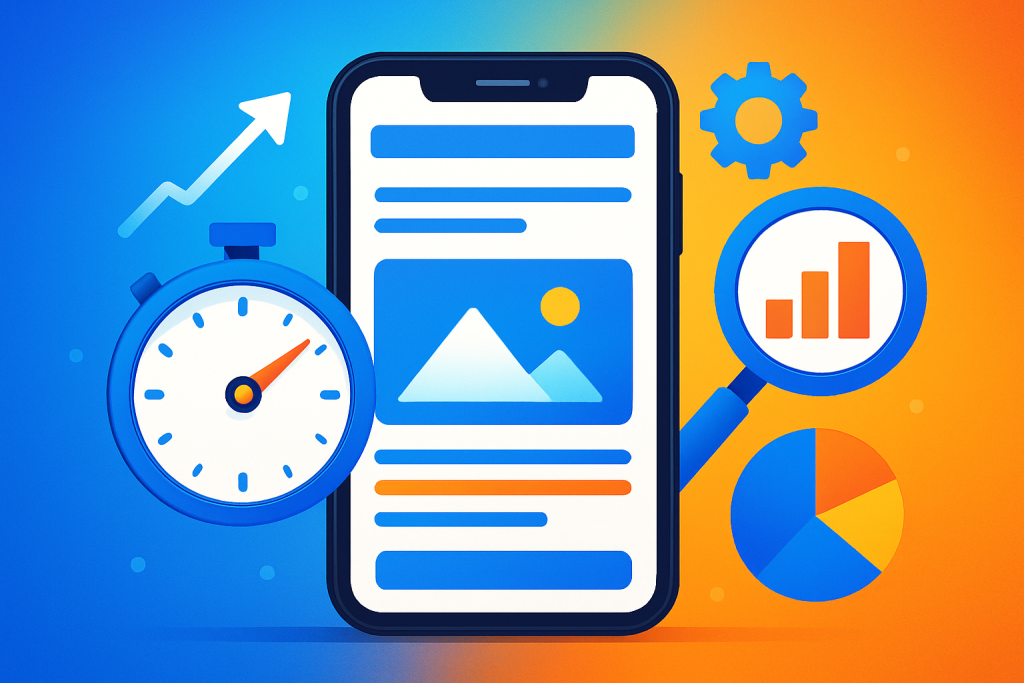 Responsywna strona internetowa wyświetlana na smartfonie z elementami optymalizacji mobilnej oraz analiza SEO